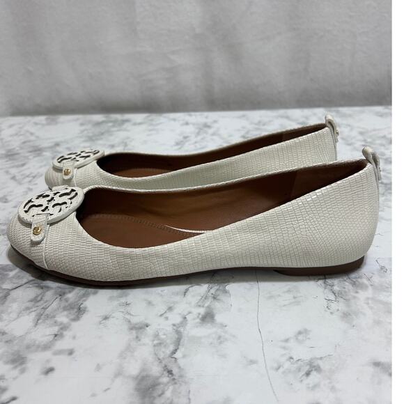 Tory Burch Mini Miller Flats Logo Medallion 9M Cream Embossed Reptile Leather - Picture 5 of 11
